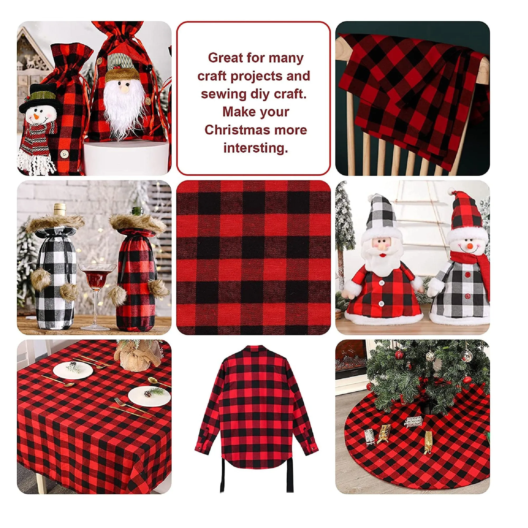 59″ × 69″ Cotton Buffalo Check | Red and Black Checkered Fabric Squares Christmas Checkered Quilting Fabric Bundles