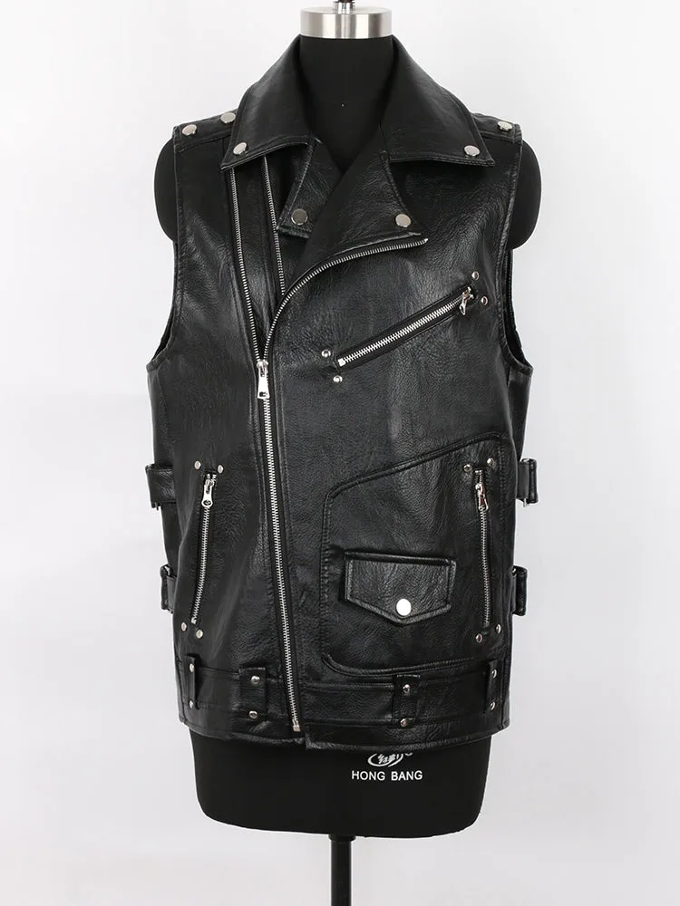 Ashore Biker Shop Black Motorcycle Leather Vest Men Zipper Pockets