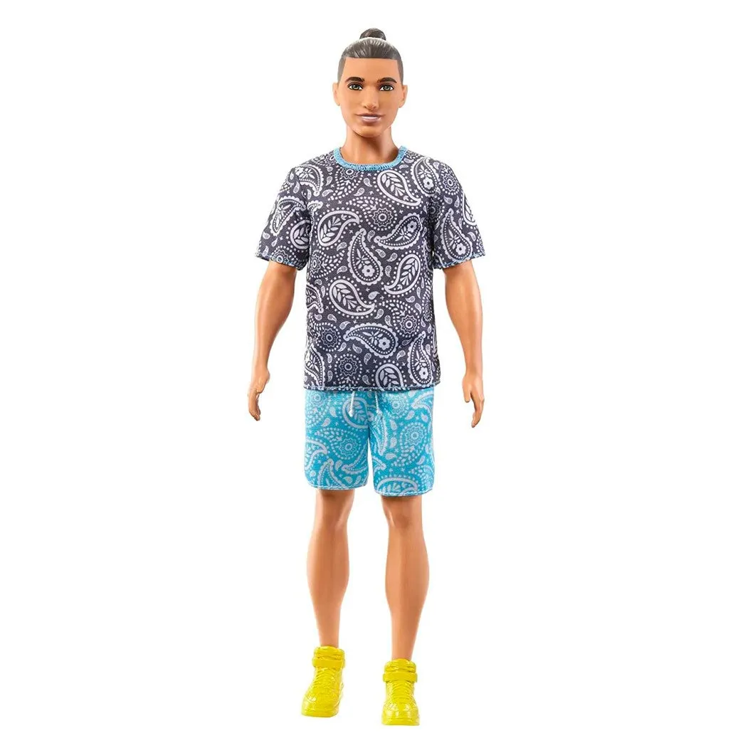 Barbie Ken Fashionistas with Brown Hair in Bun Doll Wearing Paisley Tee and Shorts #204 for Kids Ages 3 