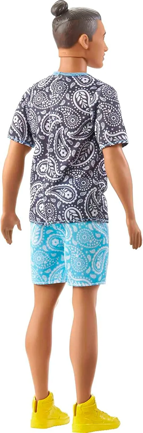 Barbie Ken Fashionistas with Brown Hair in Bun Doll Wearing Paisley Tee and Shorts #204 for Kids Ages 3 