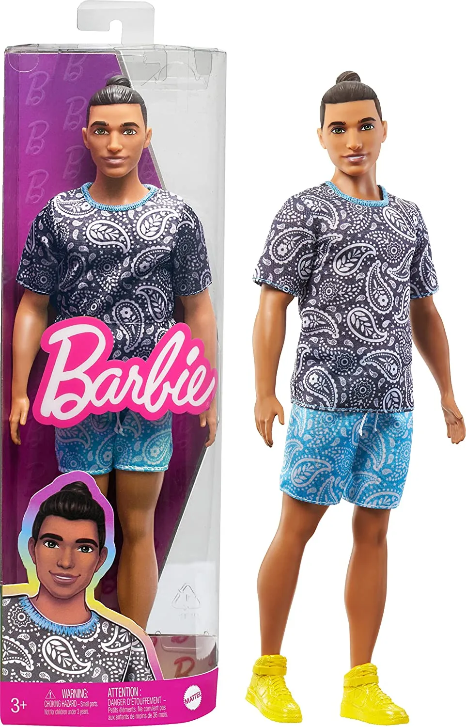 Barbie Ken Fashionistas with Brown Hair in Bun Doll Wearing Paisley Tee and Shorts #204 for Kids Ages 3 