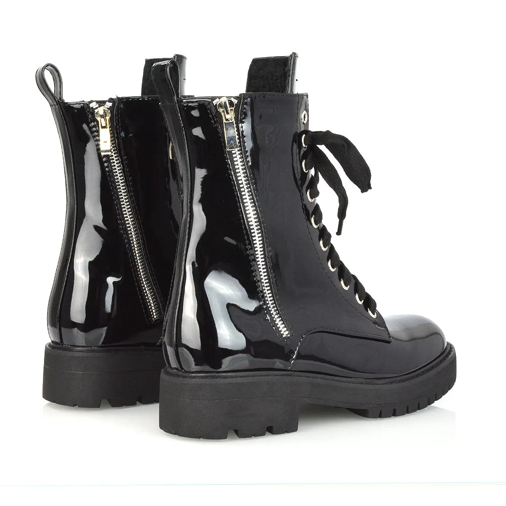 Bianca Flat Combat Lace up Chunky Military Biker Ankle Boots in Black Synthetic Leather