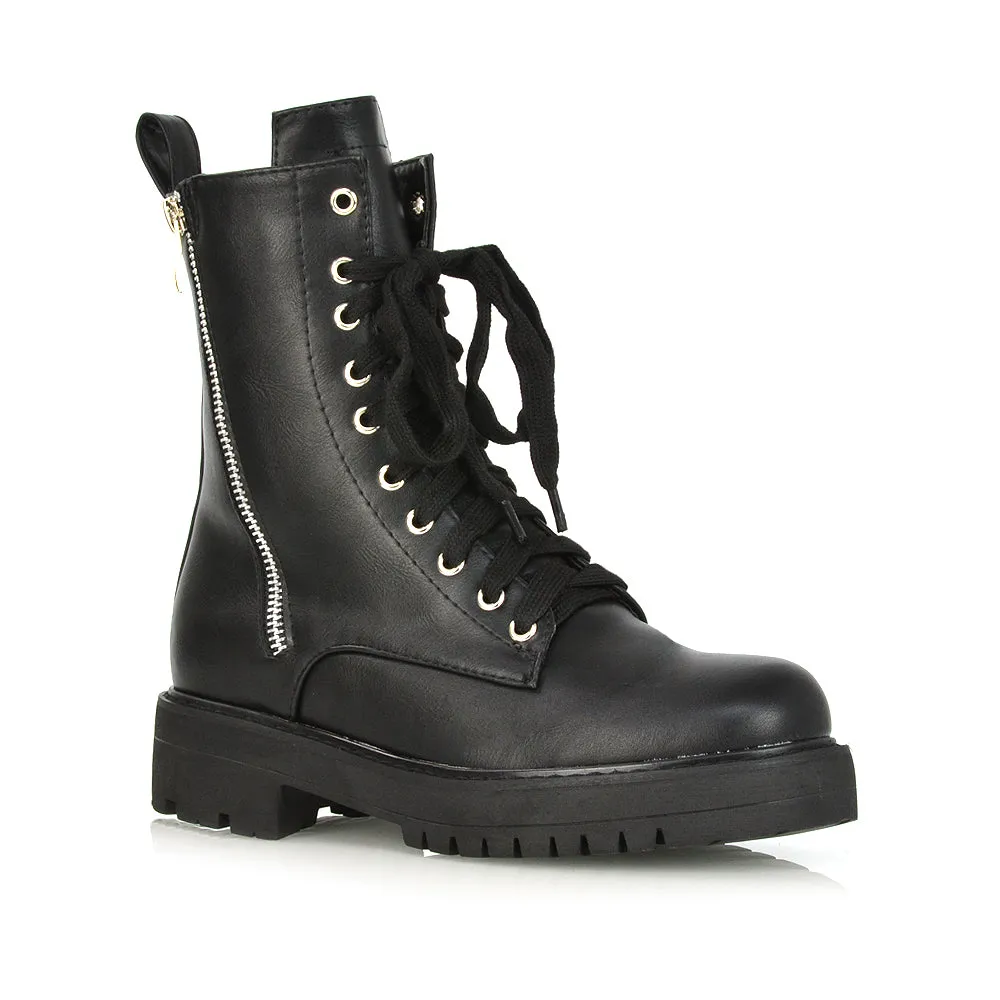 Bianca Flat Combat Lace up Chunky Military Biker Ankle Boots in Black Synthetic Leather