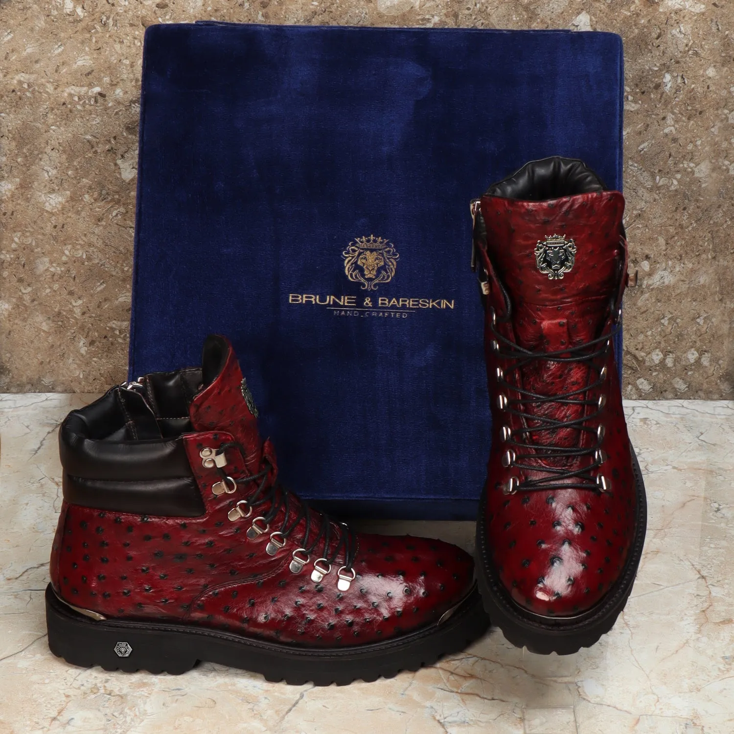 Biker Boots Wine Premium Authentic Ostrich Leather