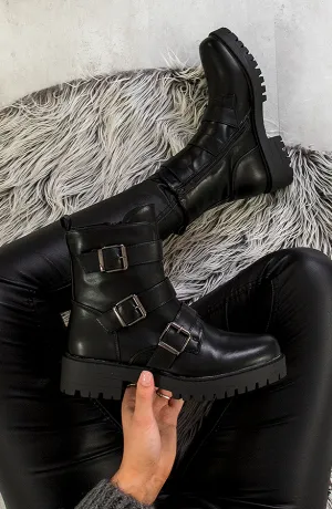 Biker Buckle Boots Metallic Black