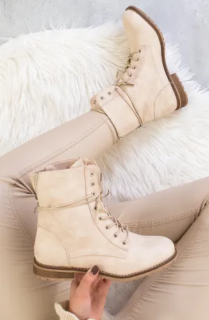 Biker Buckle Zip Boots Beige