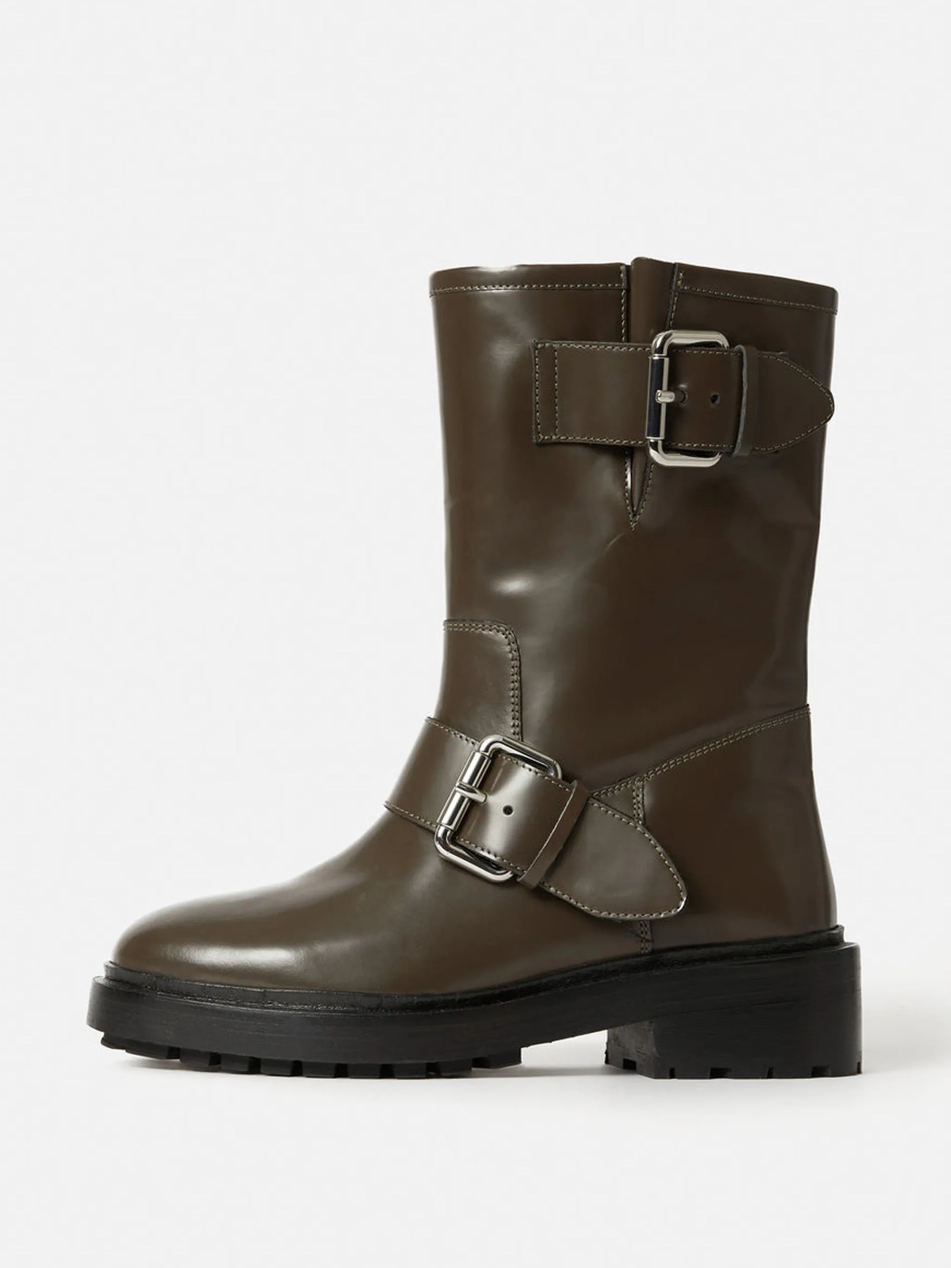 Box leather biker boots