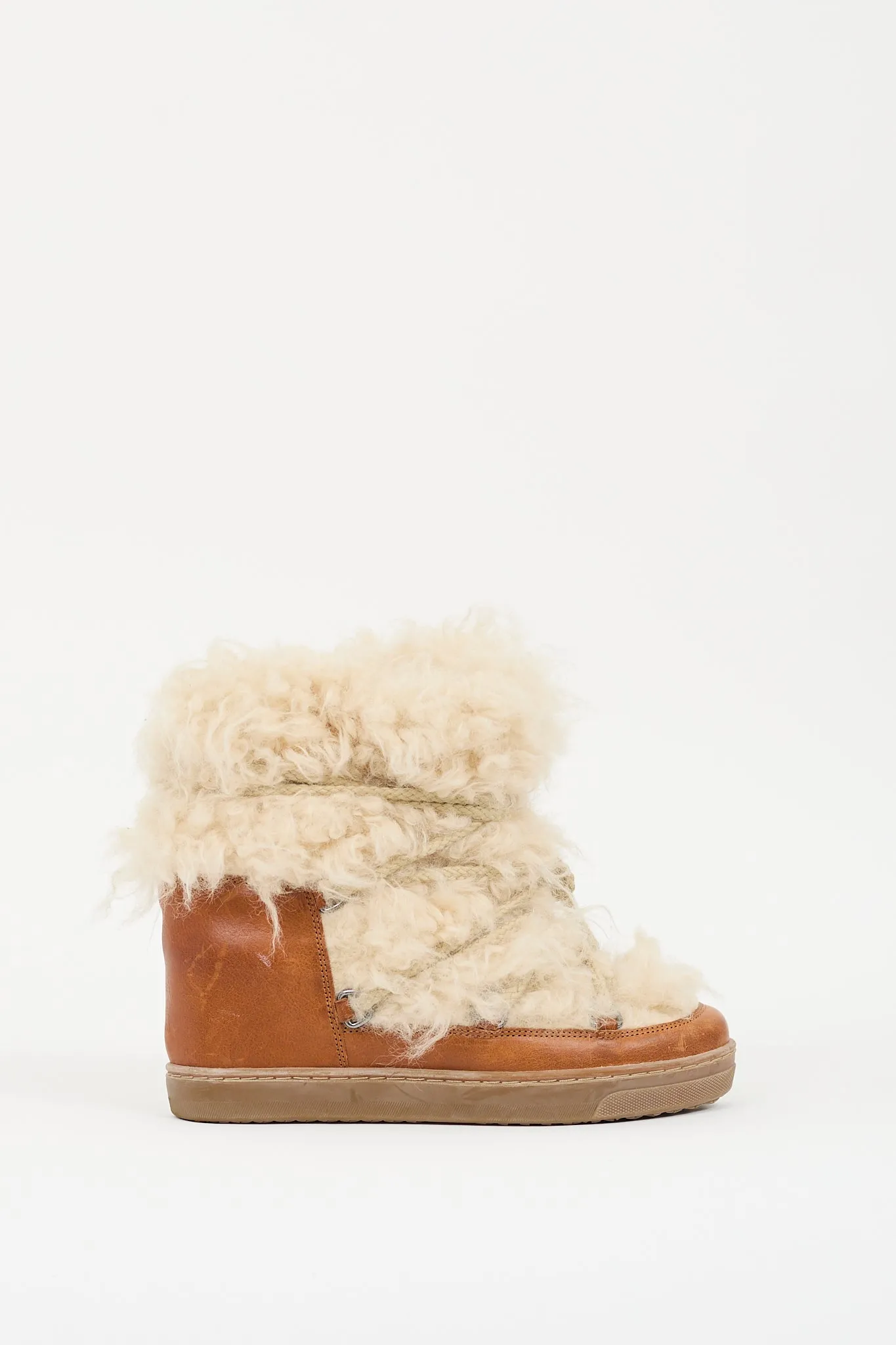 Brown Leather & Cream Shearling Wedged Boot