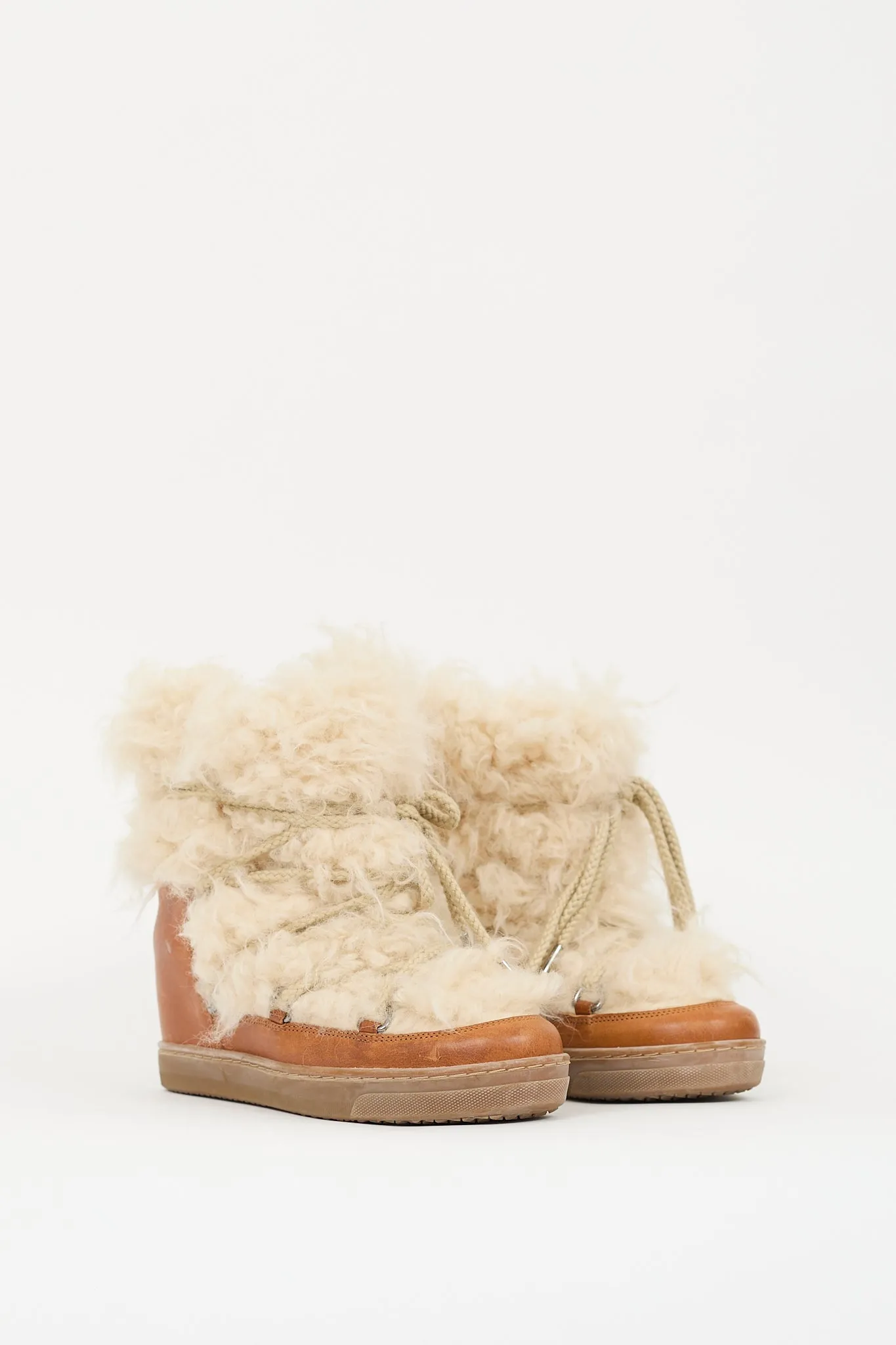 Brown Leather & Cream Shearling Wedged Boot