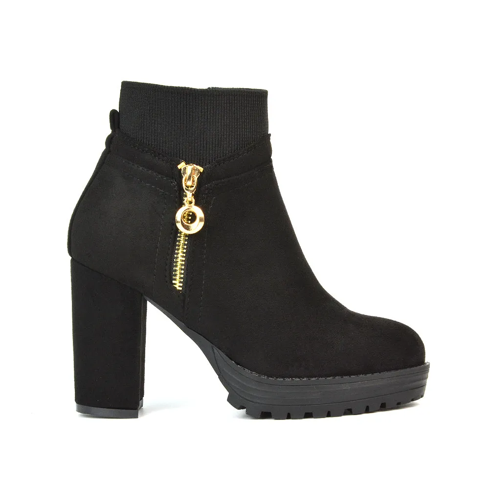 Caitlin Platform Block High Heel Zip Up Sock Ankle Boots in Black Synthetic Leather