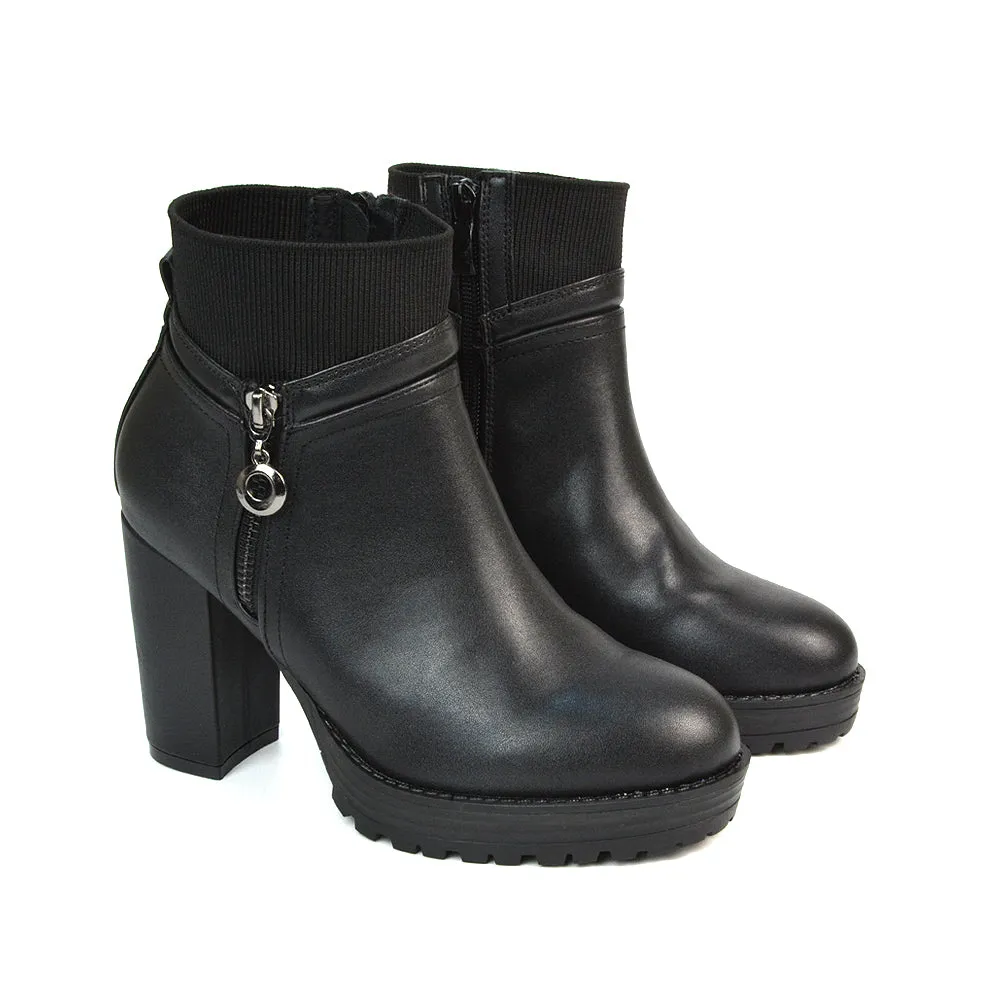 Caitlin Platform Block High Heel Zip Up Sock Ankle Boots in Black Synthetic Leather