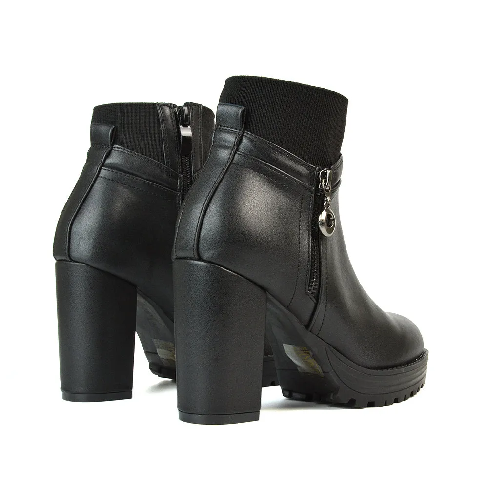 Caitlin Platform Block High Heel Zip Up Sock Ankle Boots in Black Synthetic Leather