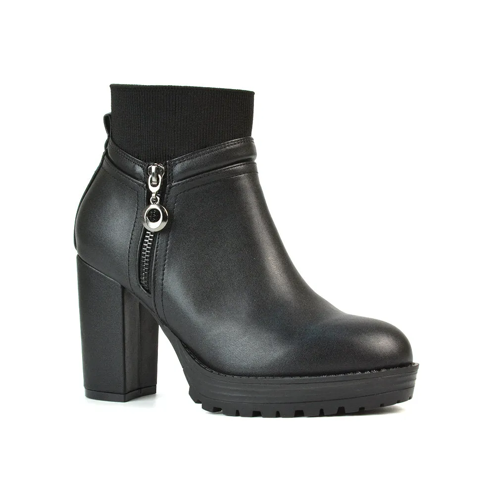 Caitlin Platform Block High Heel Zip Up Sock Ankle Boots in Black Synthetic Leather