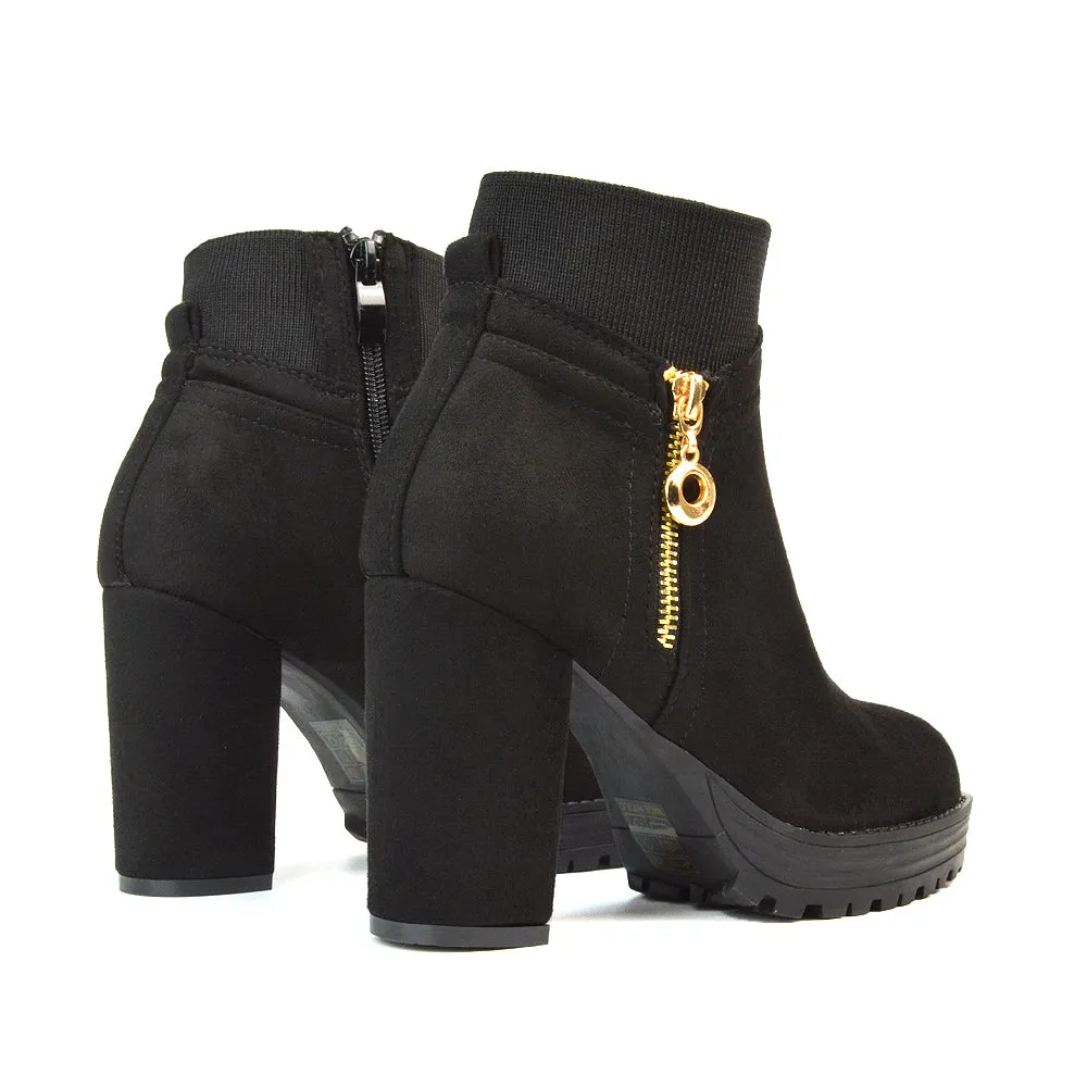 Caitlin Platform Block High Heel Zip Up Sock Ankle Boots in Black Synthetic Leather