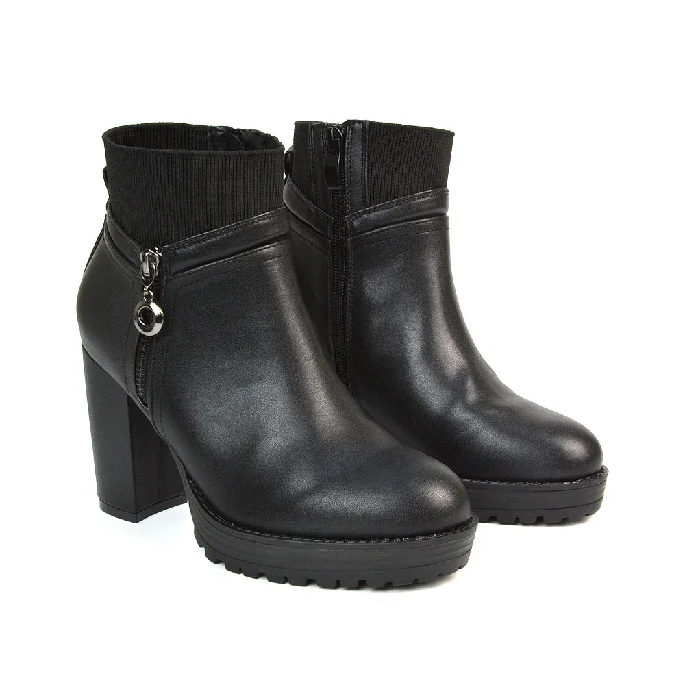 Caitlin Platform Block High Heel Zip Up Sock Ankle Boots in Black Synthetic Leather