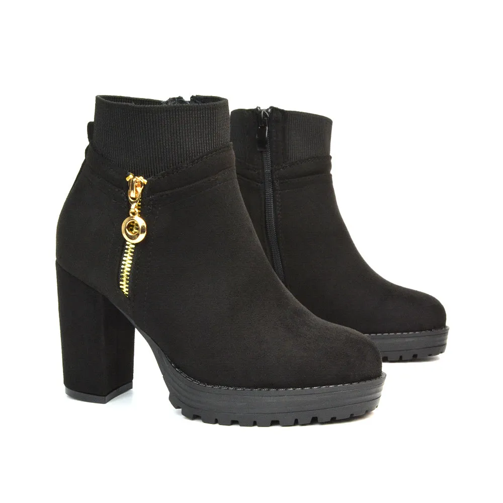 Caitlin Platform Block High Heel Zip Up Sock Ankle Boots in Black Synthetic Leather