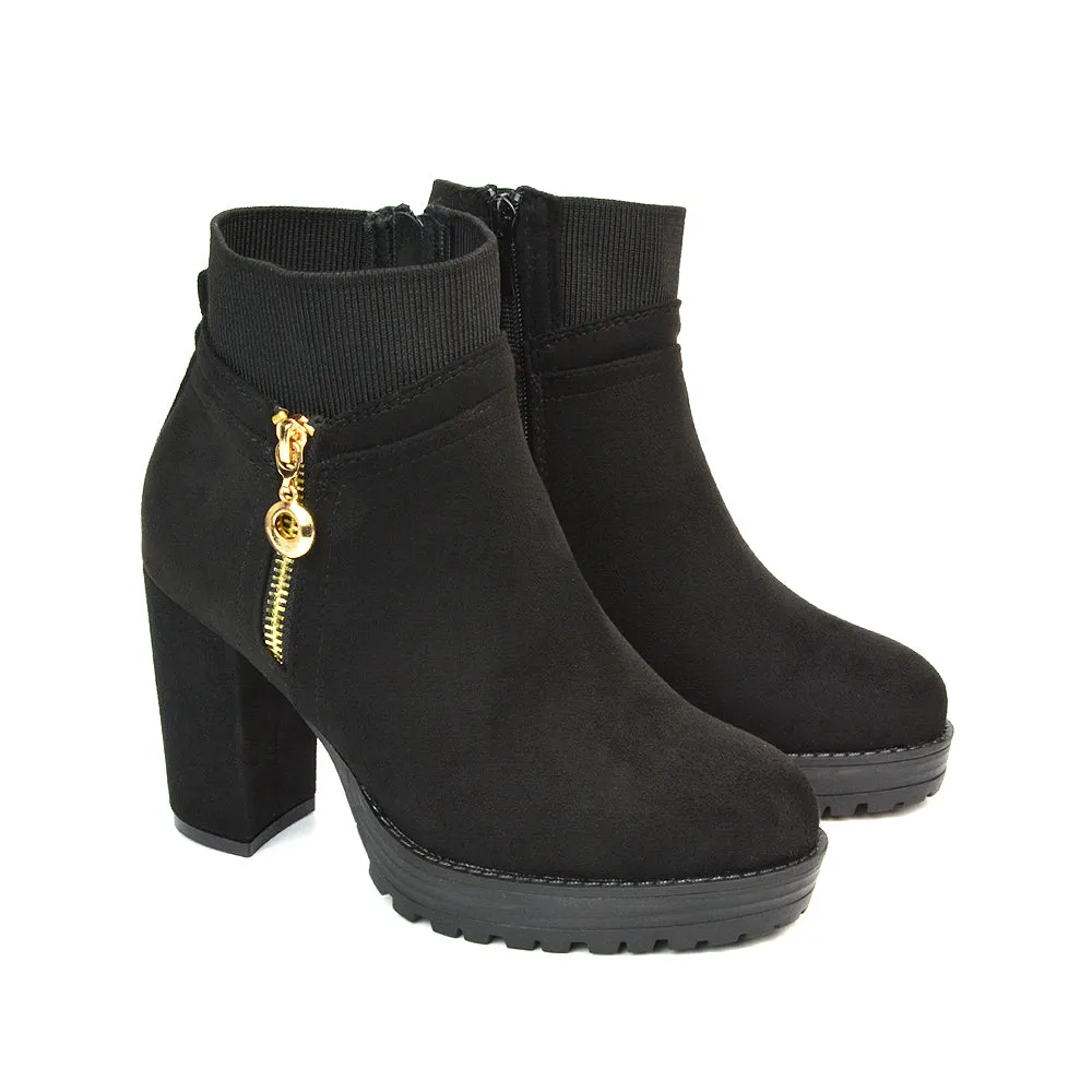 Caitlin Platform Block High Heel Zip Up Sock Ankle Boots in Black Synthetic Leather