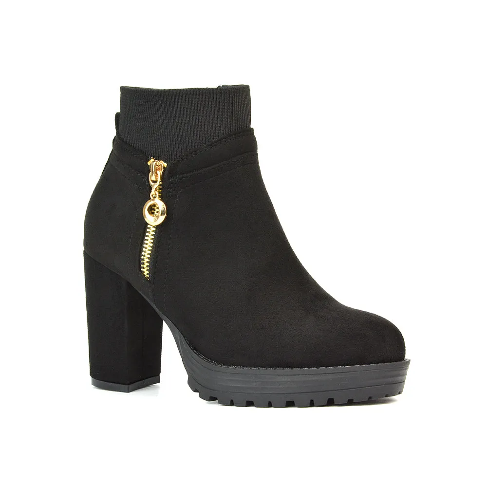 Caitlin Platform Block High Heel Zip Up Sock Ankle Boots in Black Synthetic Leather