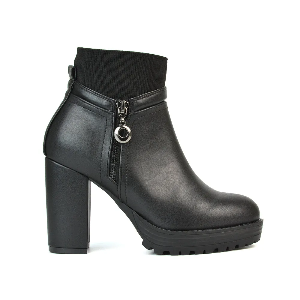 Caitlin Platform Block High Heel Zip Up Sock Ankle Boots in Black Synthetic Leather