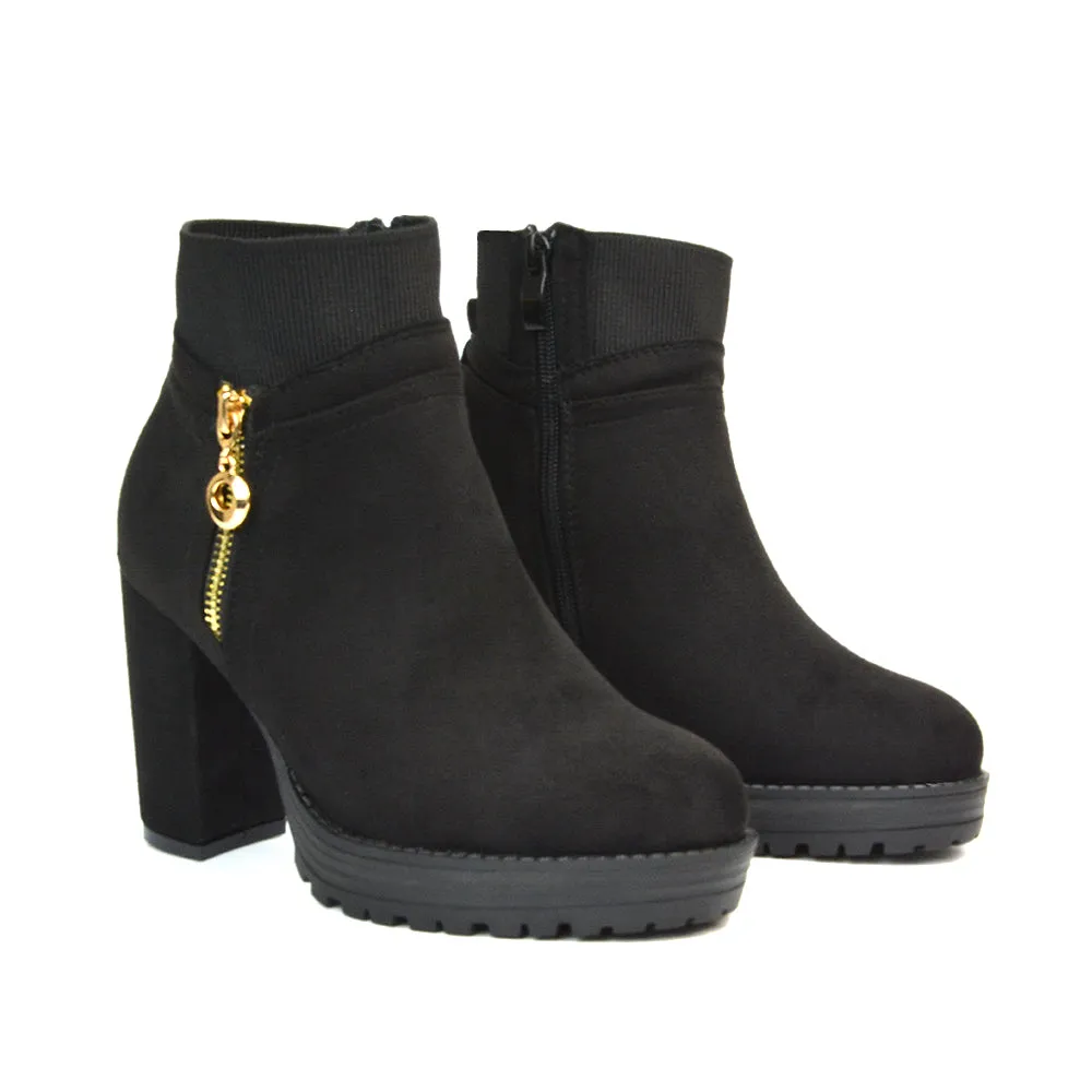 Caitlin Platform Block High Heel Zip Up Sock Ankle Boots in Black Synthetic Leather