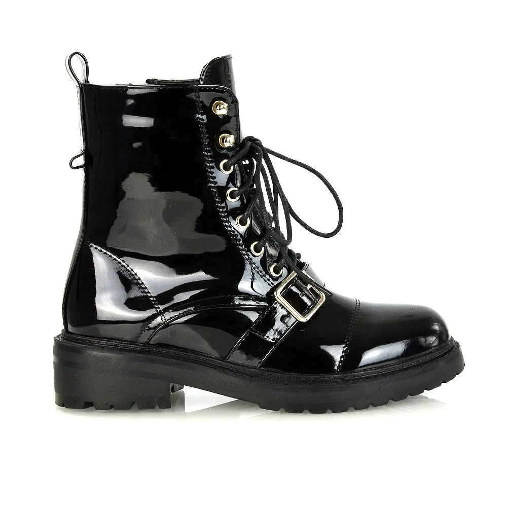 CHEYENNE BUCKLE STRAP ZIP-UP COMBAT CHUNKY LOW HEEL LACE UP ANKLE BIKER BOOTS IN BLACK PATENT