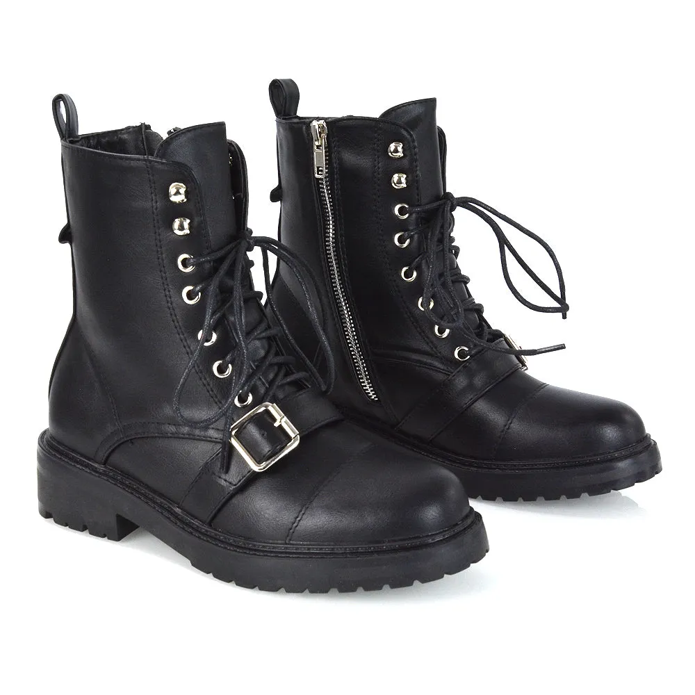 CHEYENNE BUCKLE STRAP ZIP-UP COMBAT CHUNKY LOW HEEL LACE UP ANKLE BIKER BOOTS IN BLACK PATENT