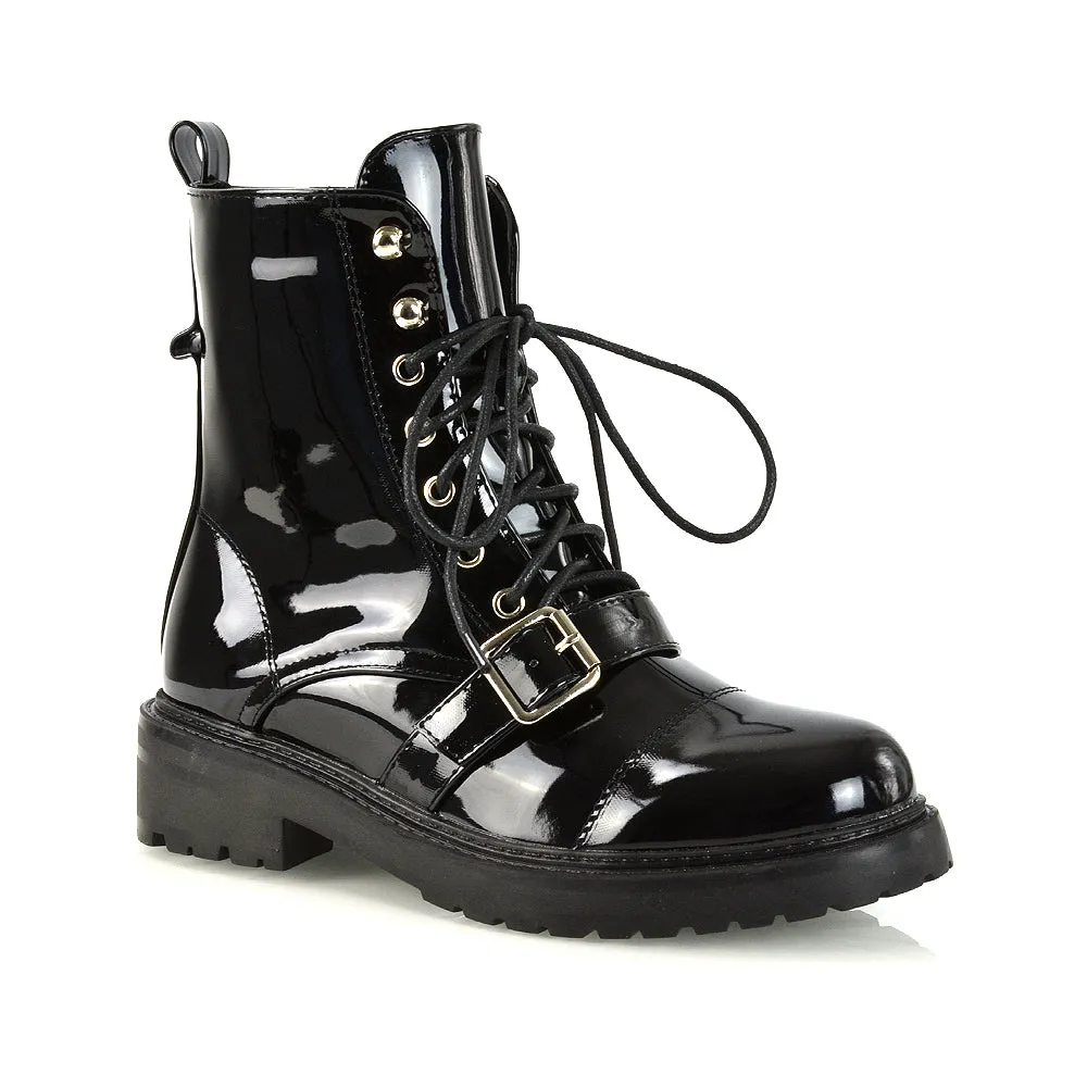 CHEYENNE BUCKLE STRAP ZIP-UP COMBAT CHUNKY LOW HEEL LACE UP ANKLE BIKER BOOTS IN BLACK PATENT