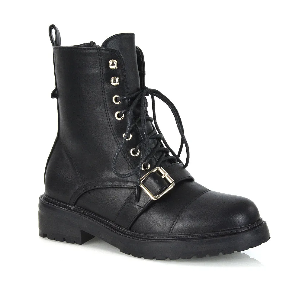 CHEYENNE BUCKLE STRAP ZIP-UP COMBAT CHUNKY LOW HEEL LACE UP ANKLE BIKER BOOTS IN BLACK PATENT