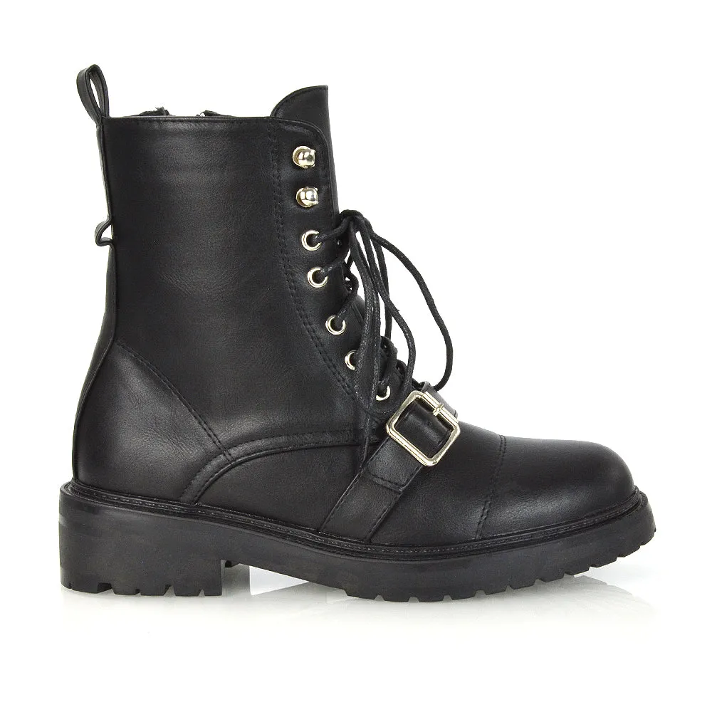 CHEYENNE BUCKLE STRAP ZIP-UP COMBAT CHUNKY LOW HEEL LACE UP ANKLE BIKER BOOTS IN BLACK PATENT