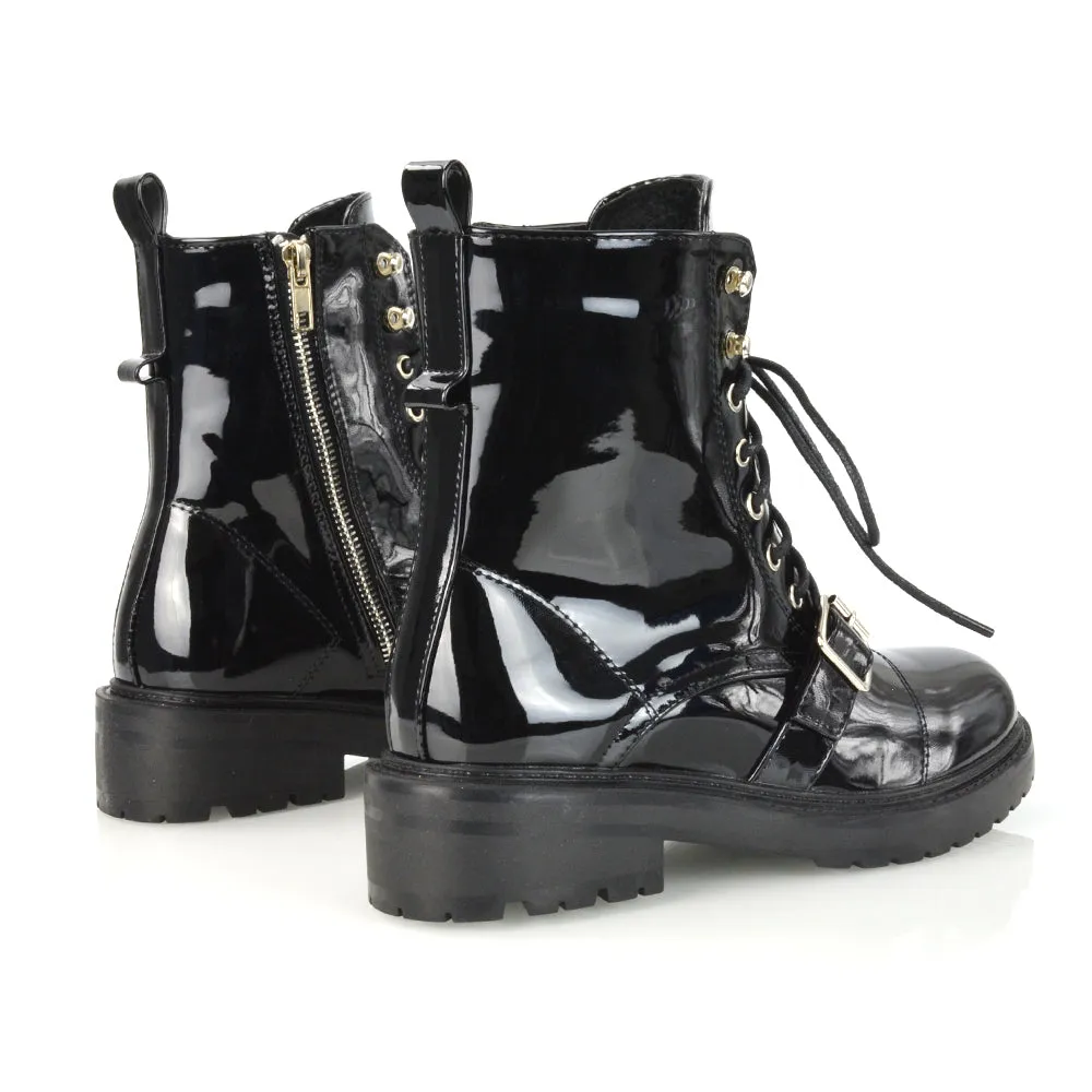 CHEYENNE BUCKLE STRAP ZIP-UP COMBAT CHUNKY LOW HEEL LACE UP ANKLE BIKER BOOTS IN BLACK PATENT