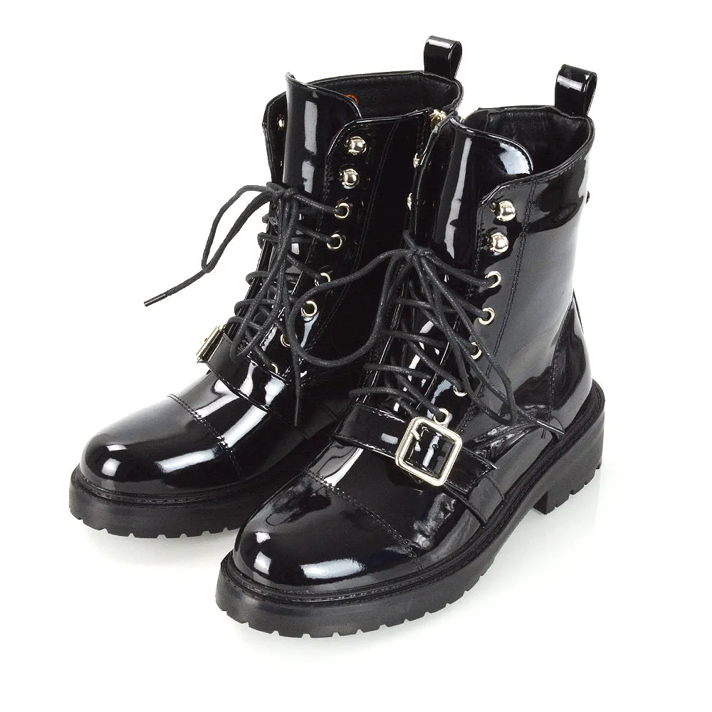 CHEYENNE BUCKLE STRAP ZIP-UP COMBAT CHUNKY LOW HEEL LACE UP ANKLE BIKER BOOTS IN BLACK PATENT