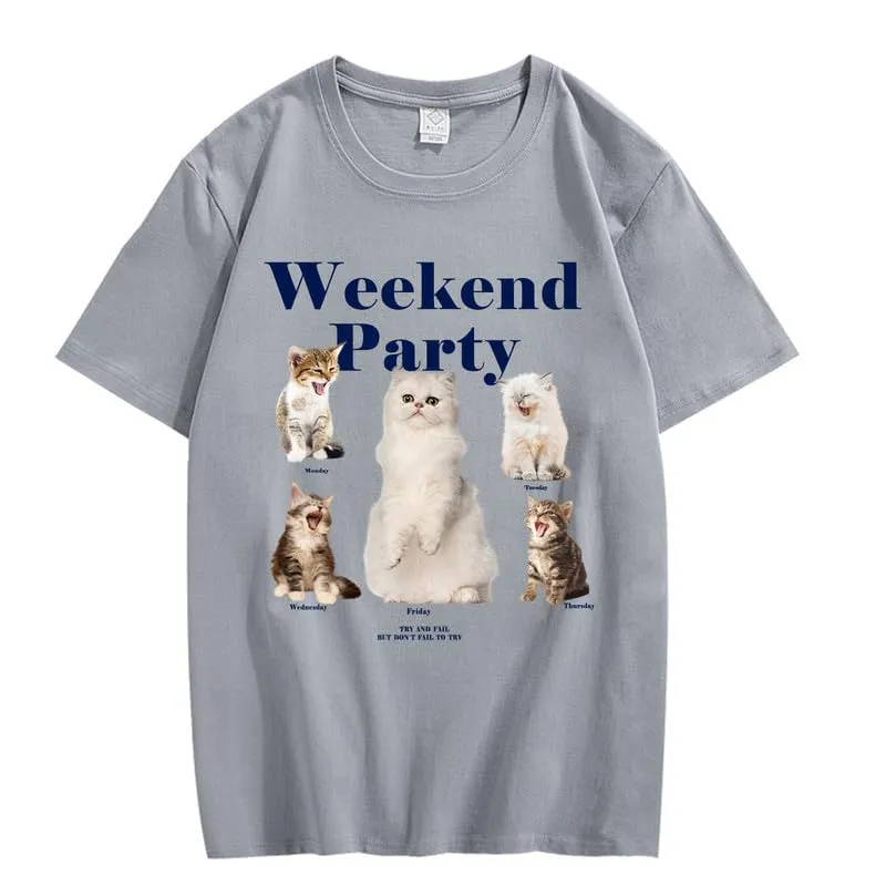 CORIRESHA Teen Cute Cat Graphic Crewneck Short Sleeve Casual Weekend Party T-Shirt