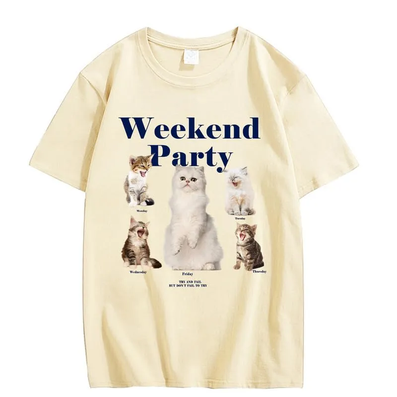 CORIRESHA Teen Cute Cat Graphic Crewneck Short Sleeve Casual Weekend Party T-Shirt