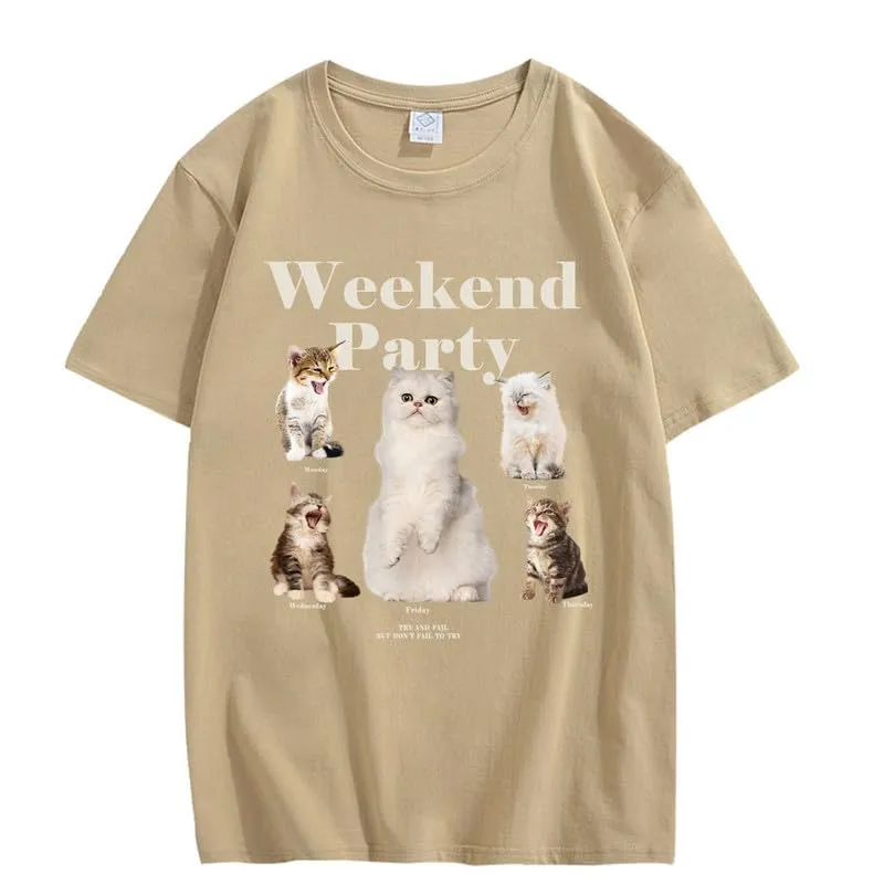 CORIRESHA Teen Cute Cat Graphic Crewneck Short Sleeve Casual Weekend Party T-Shirt