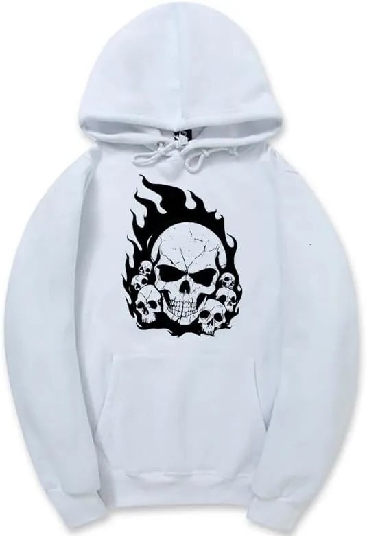 CORIRESHA Teen Halloween Skull Hoodie Long Sleeve Drawstring Y2K Aesthetic Flame Sweatshirt