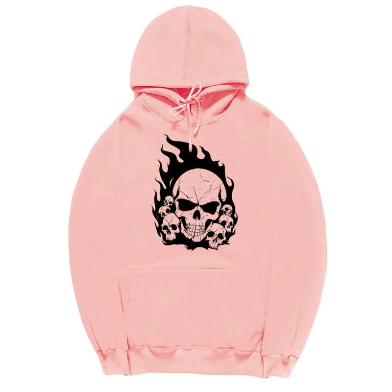 CORIRESHA Teen Halloween Skull Hoodie Long Sleeve Drawstring Y2K Aesthetic Flame Sweatshirt