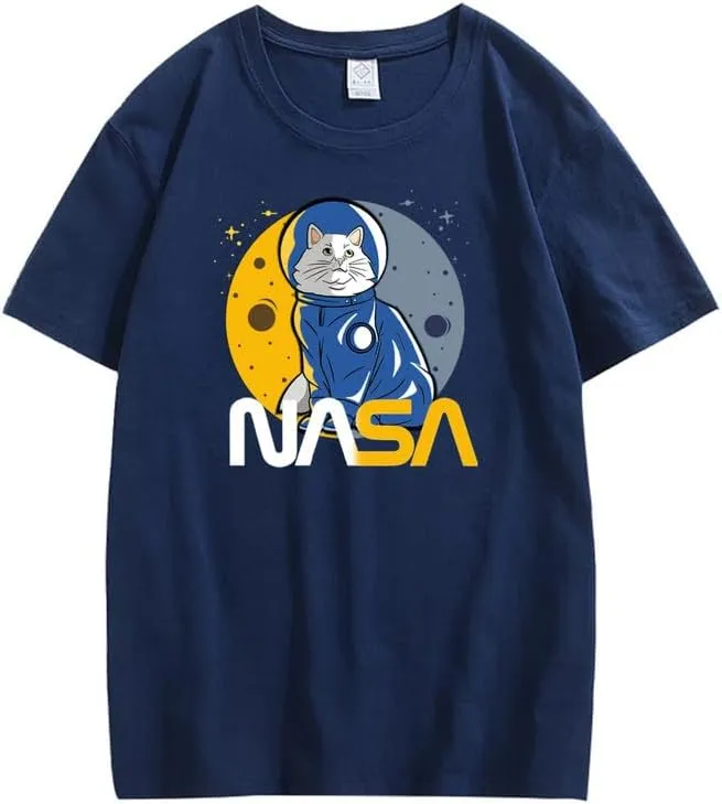 CORIRESHA Teen's Astronaut NASA Crew Neck Short Sleeve Casual Basic Cat T-Shirt