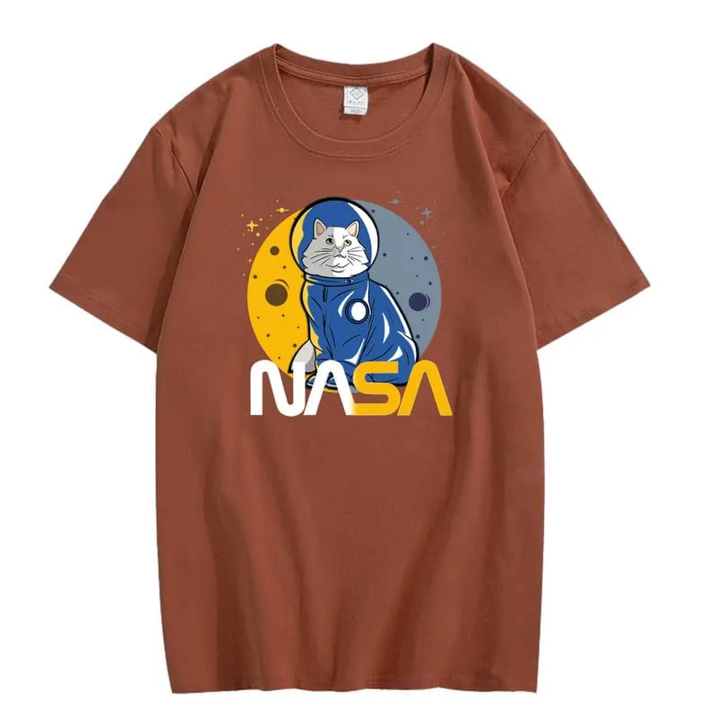 CORIRESHA Teen's Astronaut NASA Crew Neck Short Sleeve Casual Basic Cat T-Shirt