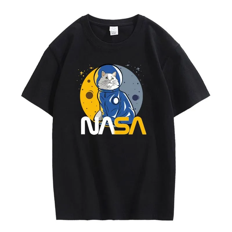 CORIRESHA Teen's Astronaut NASA Crew Neck Short Sleeve Casual Basic Cat T-Shirt