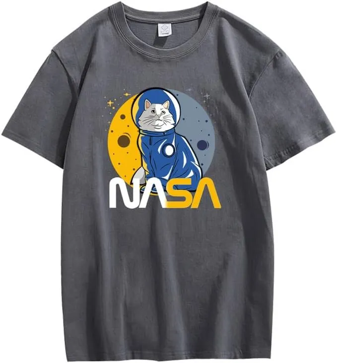 CORIRESHA Teen's Astronaut NASA Crew Neck Short Sleeve Casual Basic Cat T-Shirt