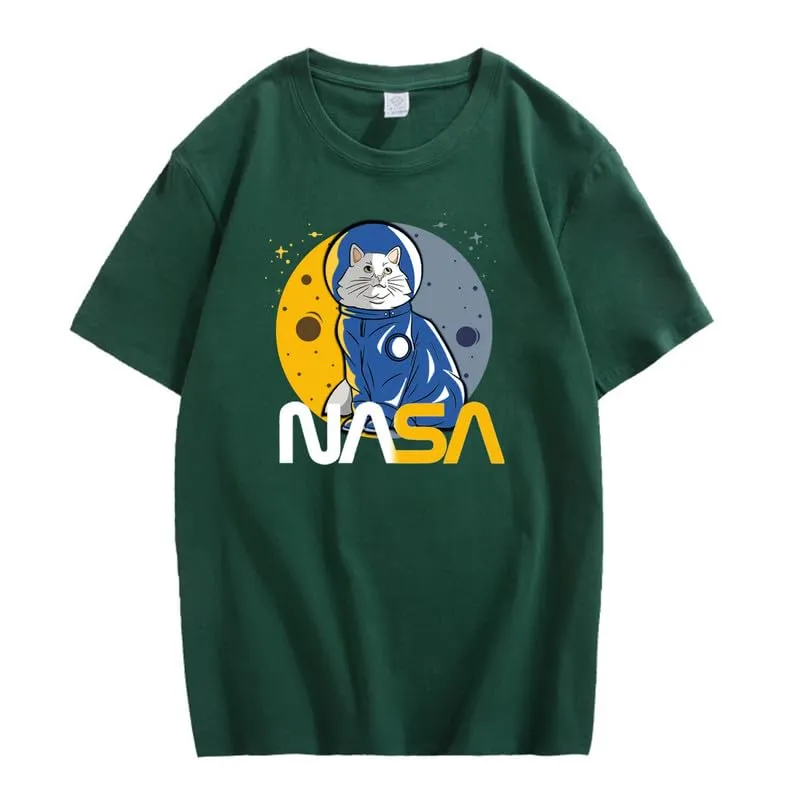 CORIRESHA Teen's Astronaut NASA Crew Neck Short Sleeve Casual Basic Cat T-Shirt