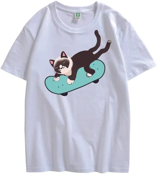 CORIRESHA Unisex Cat Lovers Casual Crewneck Short Sleeve Cozy Skateboard T-Shirt