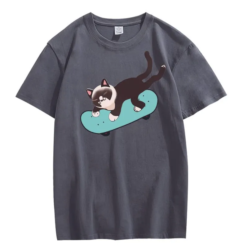 CORIRESHA Unisex Cat Lovers Casual Crewneck Short Sleeve Cozy Skateboard T-Shirt