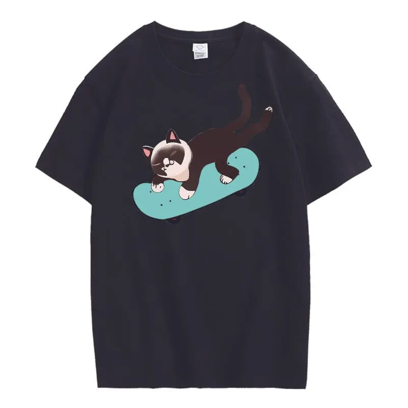 CORIRESHA Unisex Cat Lovers Casual Crewneck Short Sleeve Cozy Skateboard T-Shirt