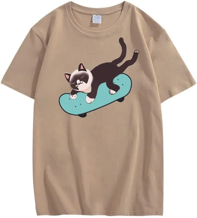 CORIRESHA Unisex Cat Lovers Casual Crewneck Short Sleeve Cozy Skateboard T-Shirt