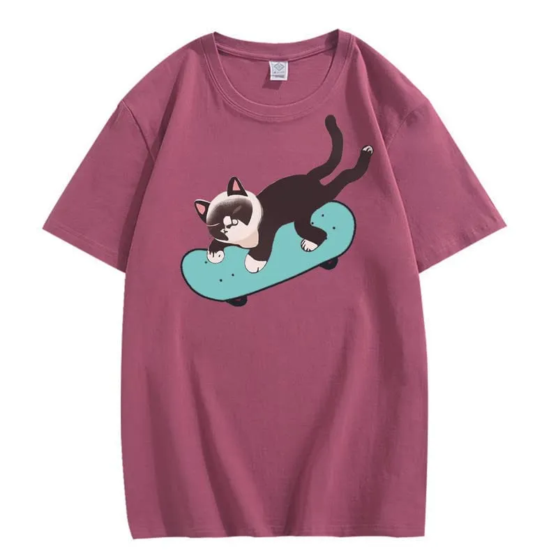 CORIRESHA Unisex Cat Lovers Casual Crewneck Short Sleeve Cozy Skateboard T-Shirt