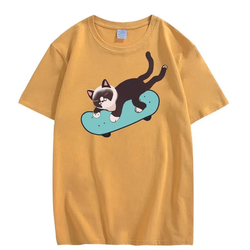 CORIRESHA Unisex Cat Lovers Casual Crewneck Short Sleeve Cozy Skateboard T-Shirt