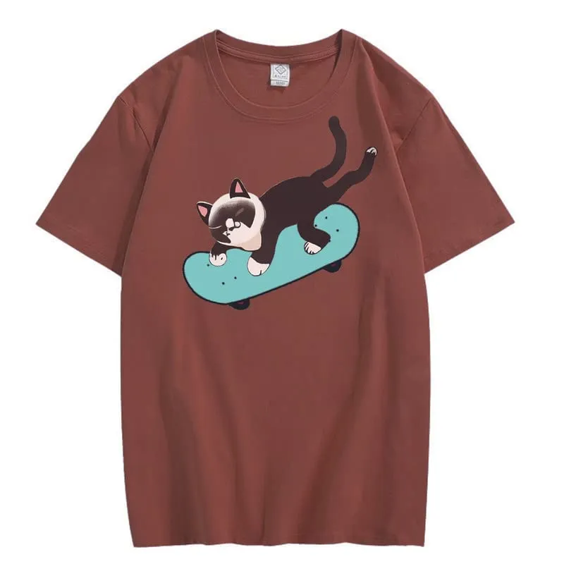 CORIRESHA Unisex Cat Lovers Casual Crewneck Short Sleeve Cozy Skateboard T-Shirt