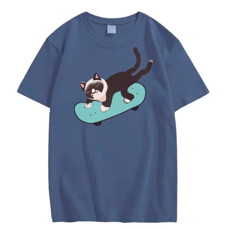 CORIRESHA Unisex Cat Lovers Casual Crewneck Short Sleeve Cozy Skateboard T-Shirt