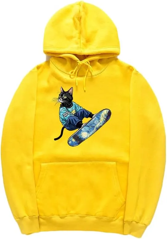 CORIRESHA Unisex Cute Cat Hoodie Casual Long Sleeve Drawstring Basic Skateboarding Sweatshirt